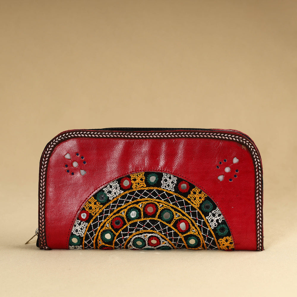 Red - Kutch Embroidery Cotton Handmade Leather Wallet 36