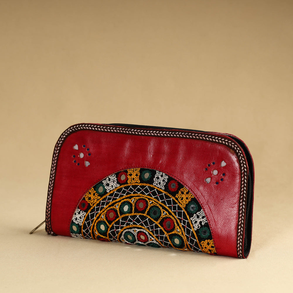 Red - Kutch Embroidery Cotton Handmade Leather Wallet 36