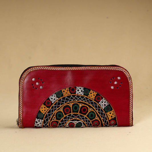 Red - Kutch Embroidery Cotton Handmade Leather Wallet 38