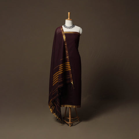 Brown - Dharwad Cotton 3pc Unstitched Dress Material Suit Set with Woven Border 10