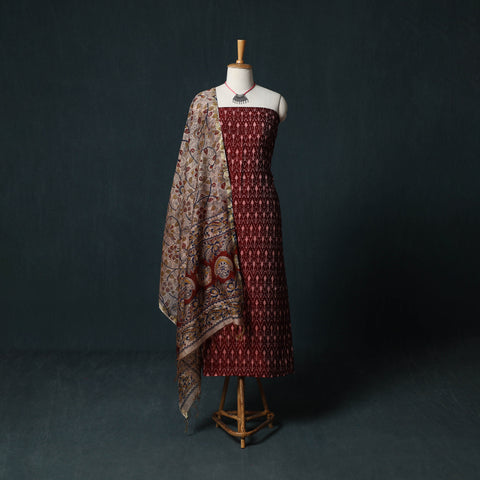 Pochampally Ikat Mercerised Cotton 2pc Unstitched Dress Material Kurta Set with Jewellery 27