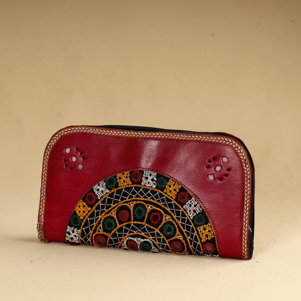 Red - Kutch Embroidery Cotton Handmade Leather Wallet 38