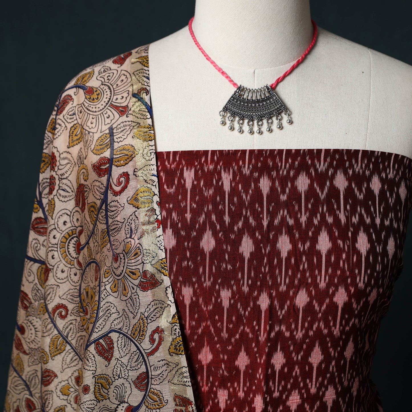 Pochampally Ikat Mercerised Cotton 2pc Unstitched Dress Material Kurta Set with Jewellery 27