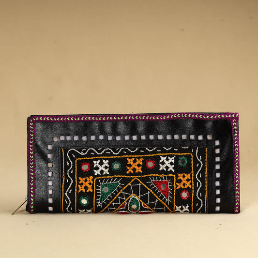 Black - Kutch Embroidery Cotton Handmade Leather Wallet 40