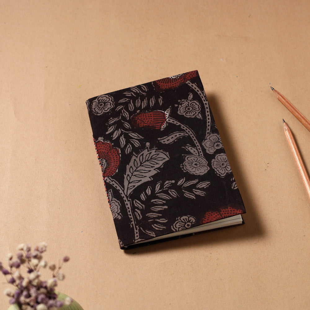 Black - Bagru Fabric Cover Handmade Paper Notebook (7 x 5 in)