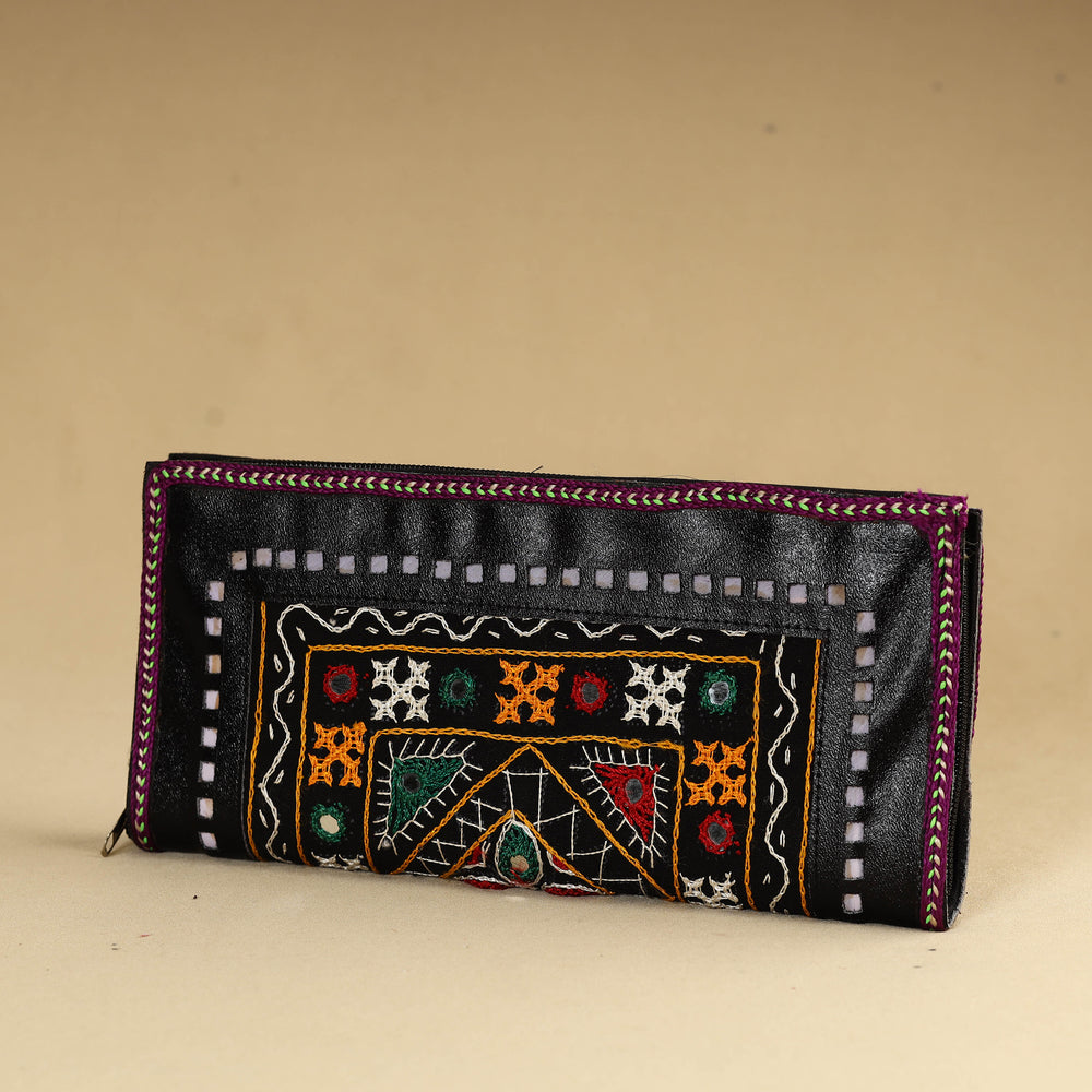 Black - Kutch Embroidery Cotton Handmade Leather Wallet 40