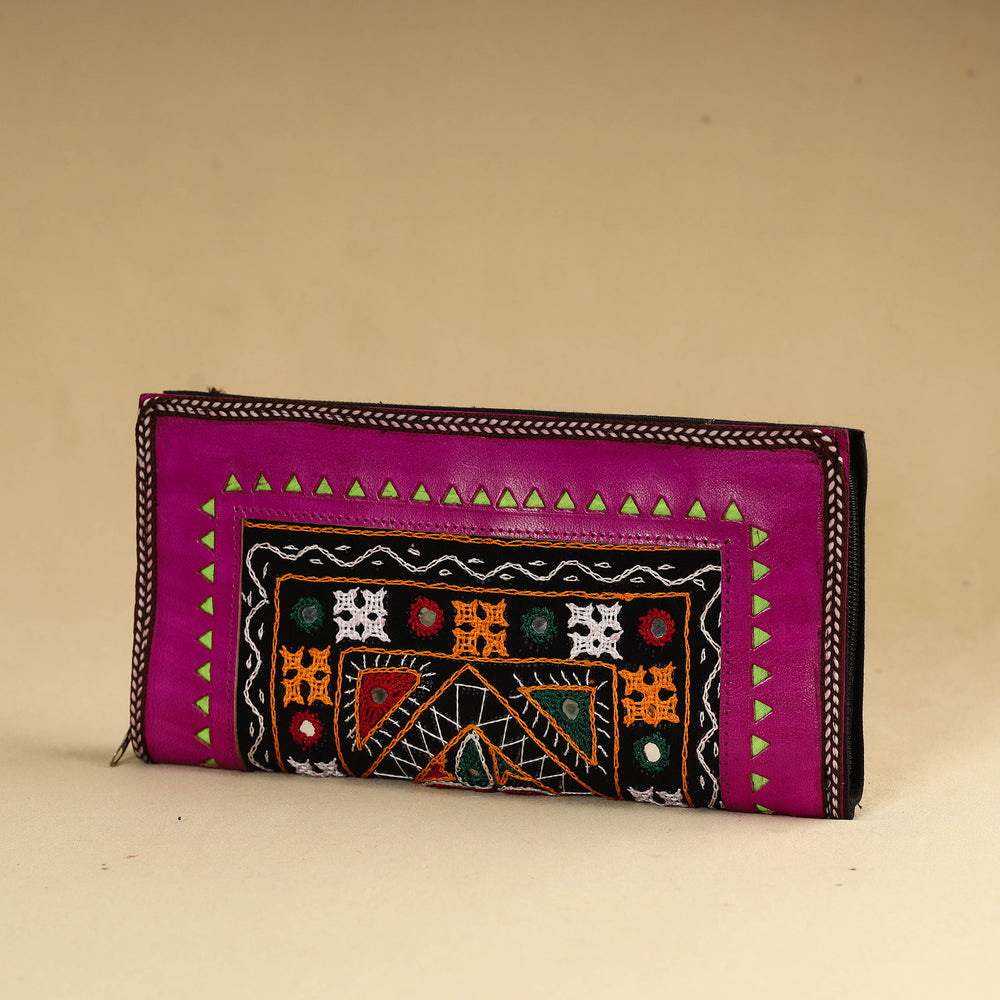 Purple - Kutch Embroidery Cotton Handmade Leather Wallet 43