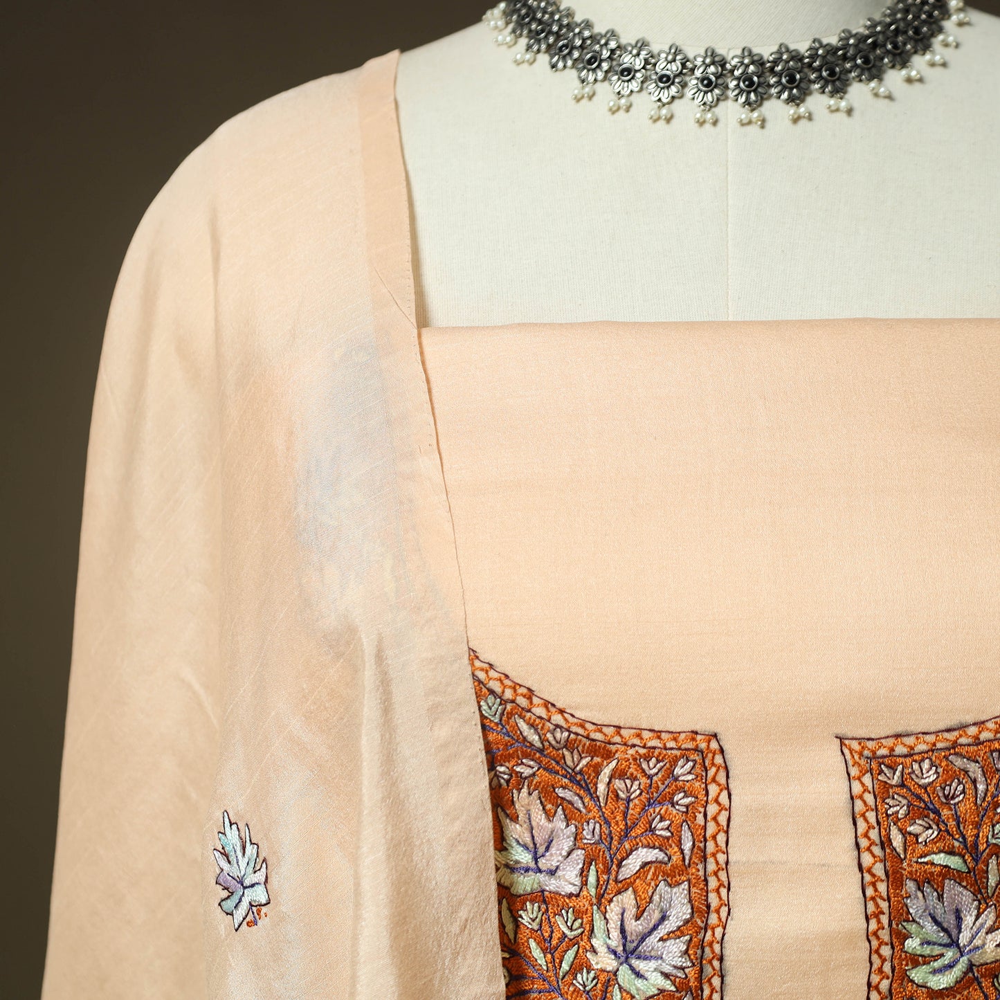 Beige - Sozni Hand Embroidery Pure Silk 3pc Unstitched Dress Material Suit Set 26