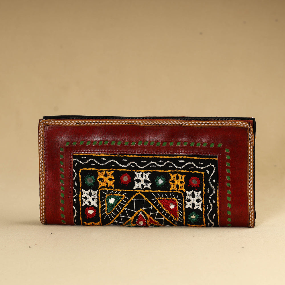 Maroon - Kutch Embroidery Cotton Handmade Leather Wallet 45