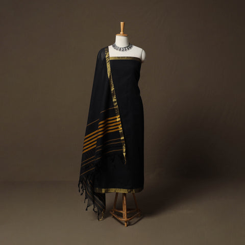 Black - Dharwad Cotton 3pc Unstitched Dress Material Suit Set with Woven Border 08
