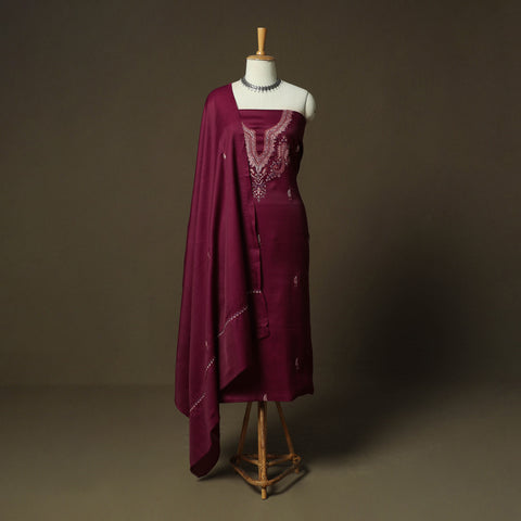 Sozni Hand Embroidery Pure Silk 3pc Unstitched Dress Material Suit Set 27