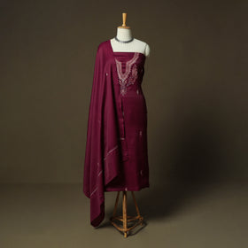 Purple - Sozni Hand Embroidery Pure Silk 3pc Unstitched Dress Material Suit Set 27