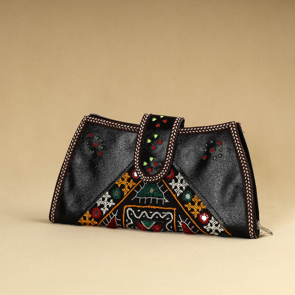 Black - Kutch Embroidery Cotton Handmade Leather Wallet 47