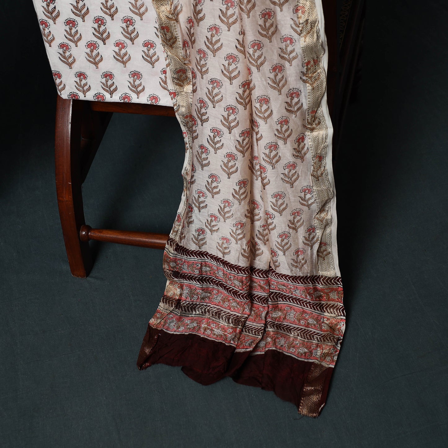 Sanganeri Hand Block Print Maheshwari Silk 3pc Unstitched Dress Material Suit Set 01