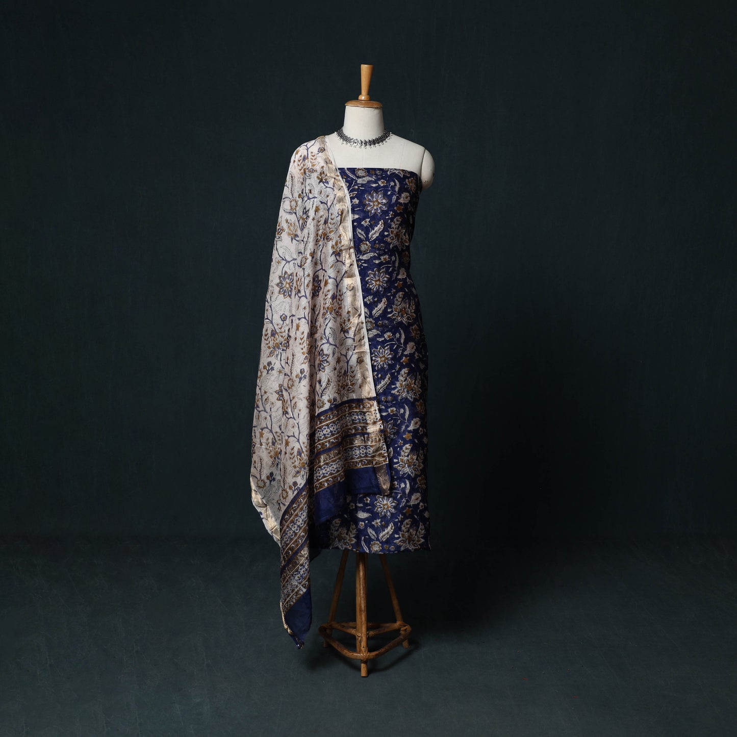 Sanganeri Hand Block Print Maheshwari Silk 3pc Unstitched Dress Material Suit Set 02