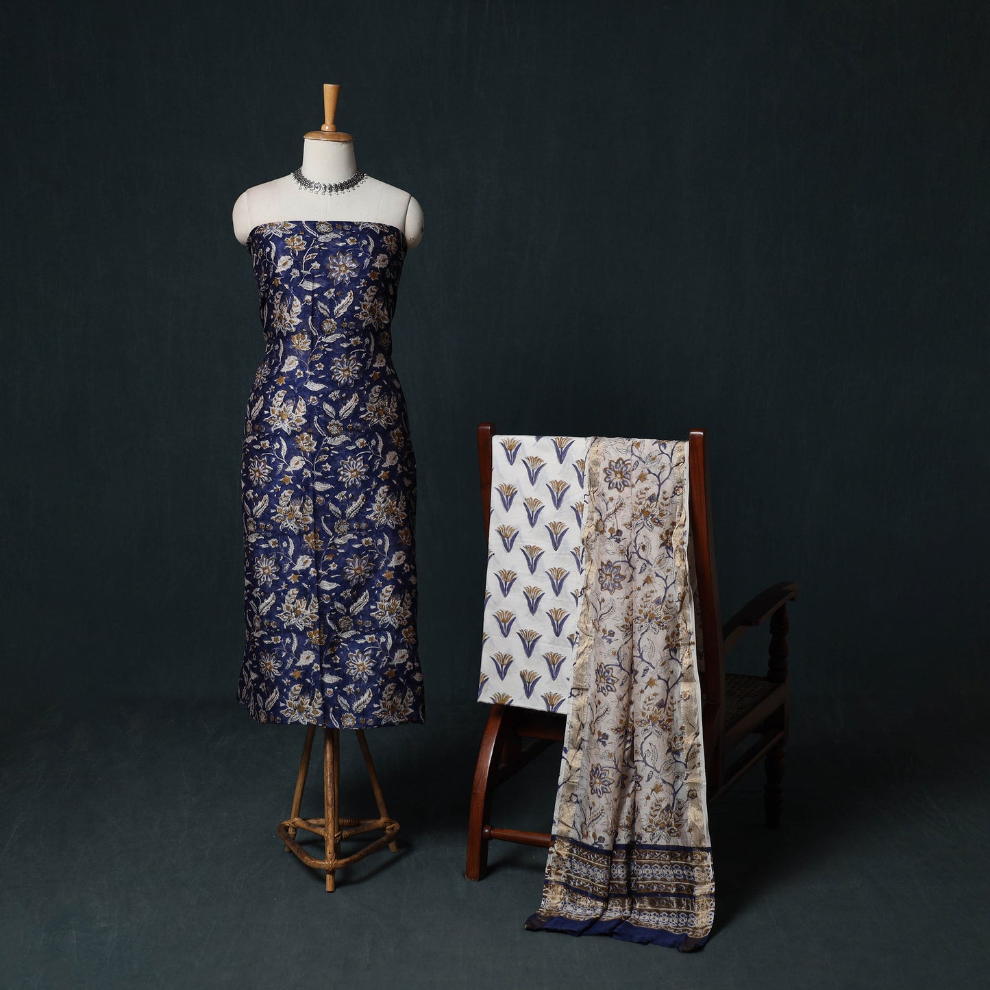 Sanganeri Hand Block Print Maheshwari Silk 3pc Unstitched Dress Material Suit Set 02