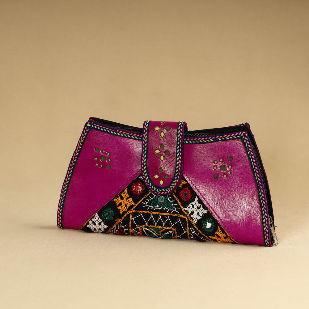 Purple - Kutch Embroidery Cotton Handmade Leather Wallet 48