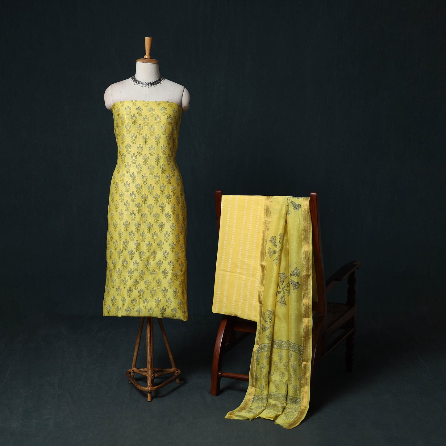 Bagru Hand Block Print Maheshwari Silk 3pc Unstitched Dress Material Suit Set 03