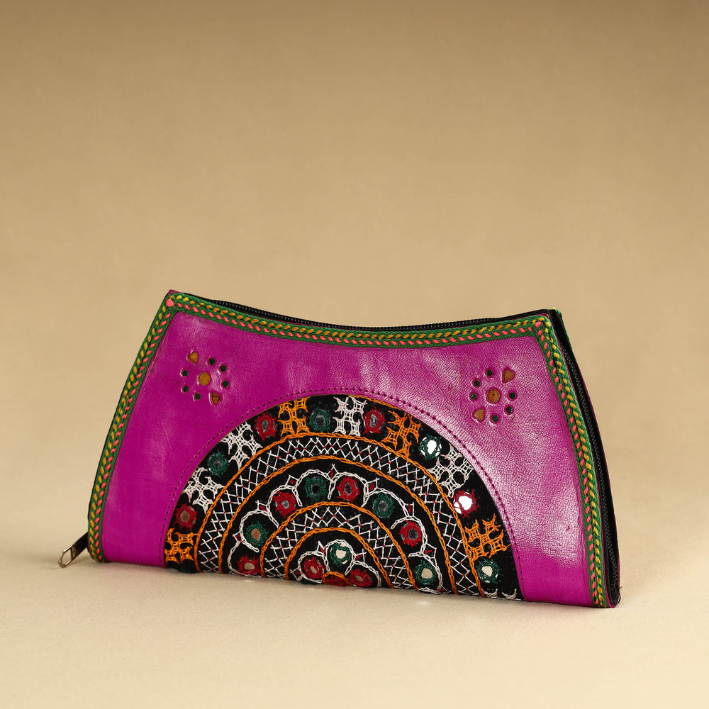 Purple - Kutch Embroidery Cotton Handmade Leather Wallet 52