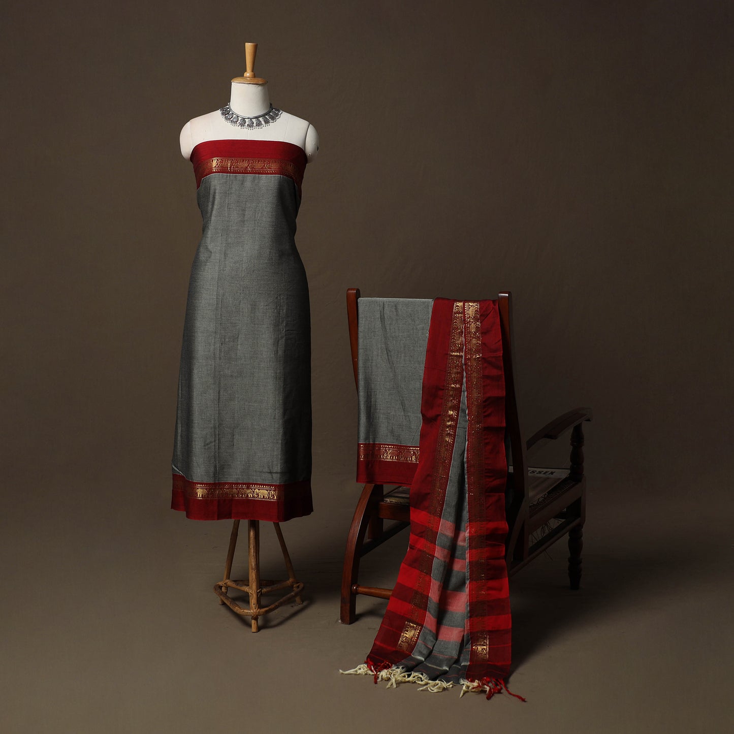 Dharwad Cotton 3pc Unstitched Dress Material Suit Set with Woven Border 06