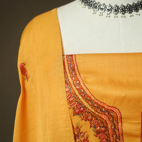 Yellow - Sozni Hand Embroidery Pure Silk 3pc Unstitched Dress Material Suit Set 33