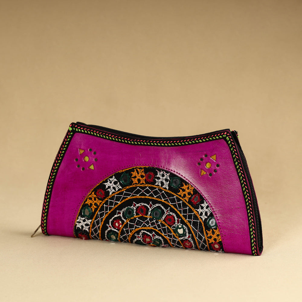 Purple - Kutch Embroidery Cotton Handmade Leather Wallet 53