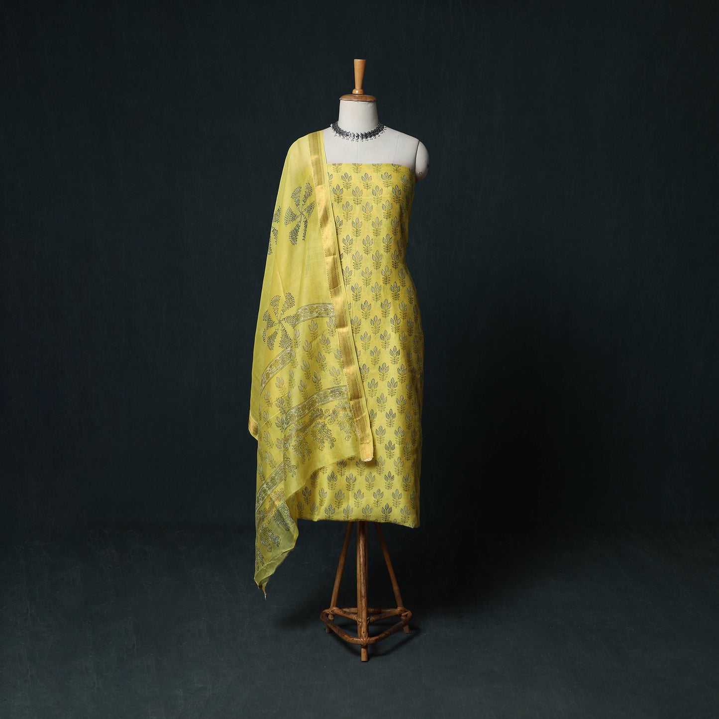 Bagru Hand Block Print Maheshwari Silk 3pc Unstitched Dress Material Suit Set 03