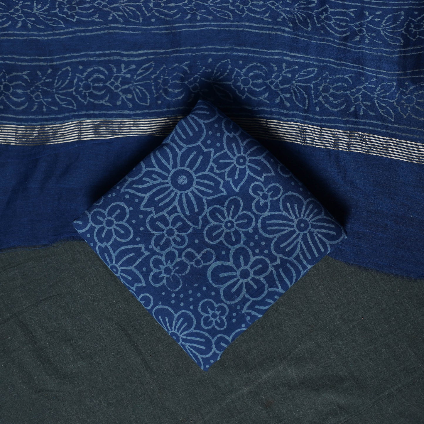 Bagru Hand Block Print Maheshwari Silk 3pc Unstitched Dress Material Suit Set 04
