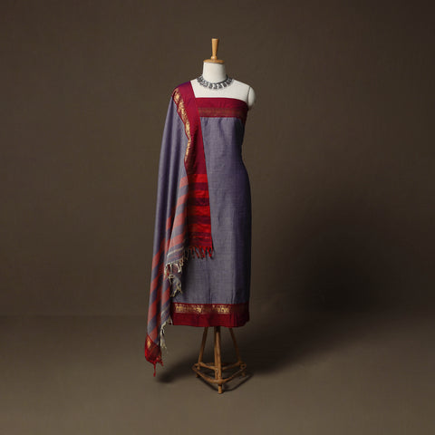 Purple - Dharwad Cotton 3pc Unstitched Dress Material Suit Set with Woven Border 04