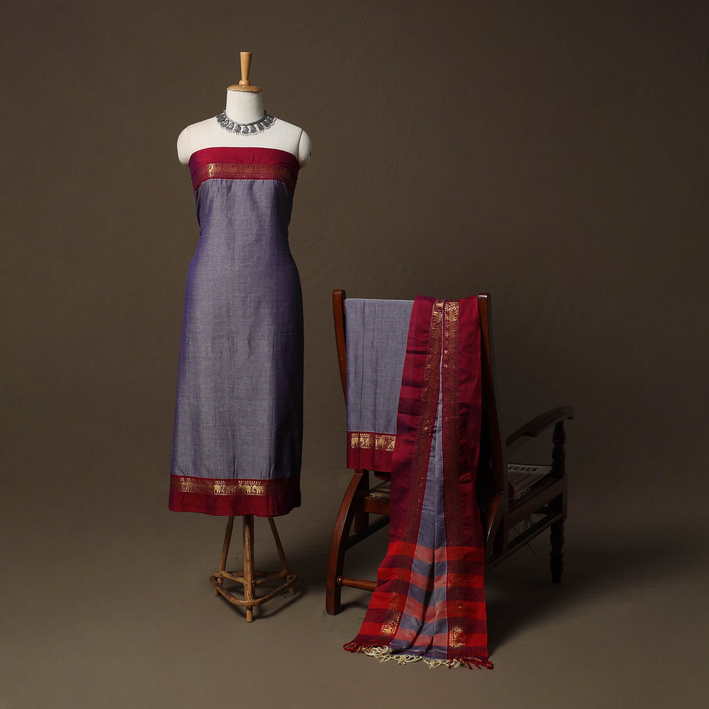 Dharwad Cotton 3pc Unstitched Dress Material Suit Set with Woven Border 04