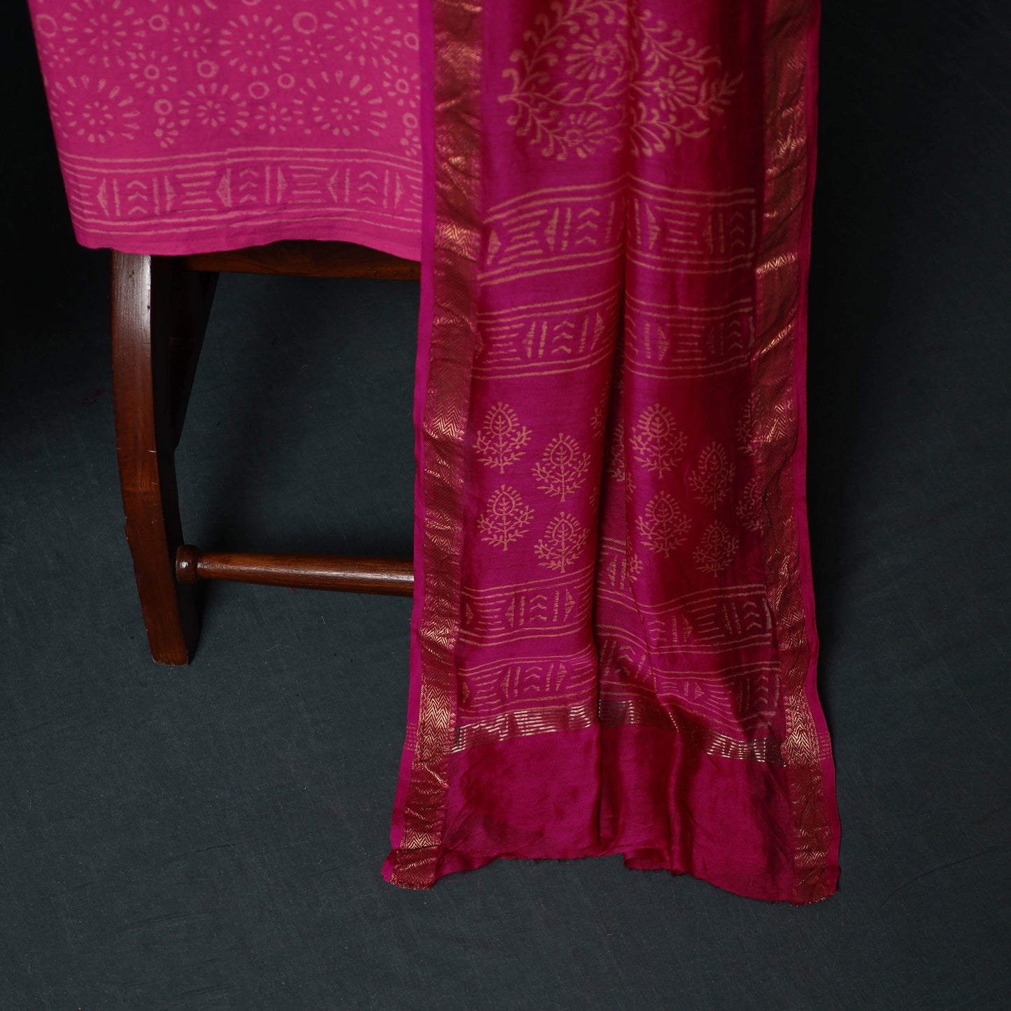 Bagru Hand Block Print Maheshwari Silk 3pc Unstitched Dress Material Suit Set 05