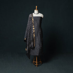 Grey - Bagru Hand Block Print Maheshwari Silk 3pc Unstitched Dress Material Suit Set 06