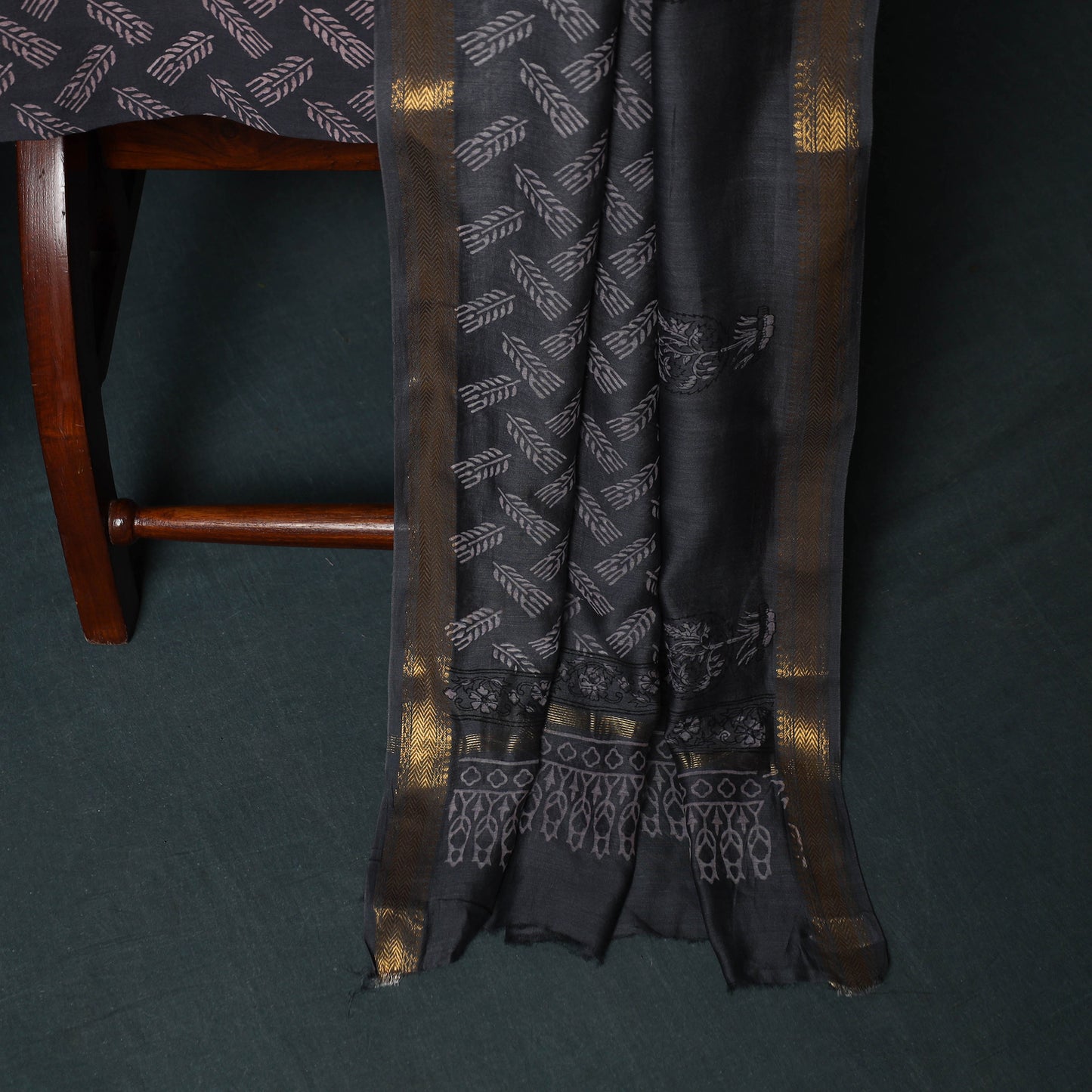Bagru Hand Block Print Maheshwari Silk 3pc Unstitched Dress Material Suit Set 06