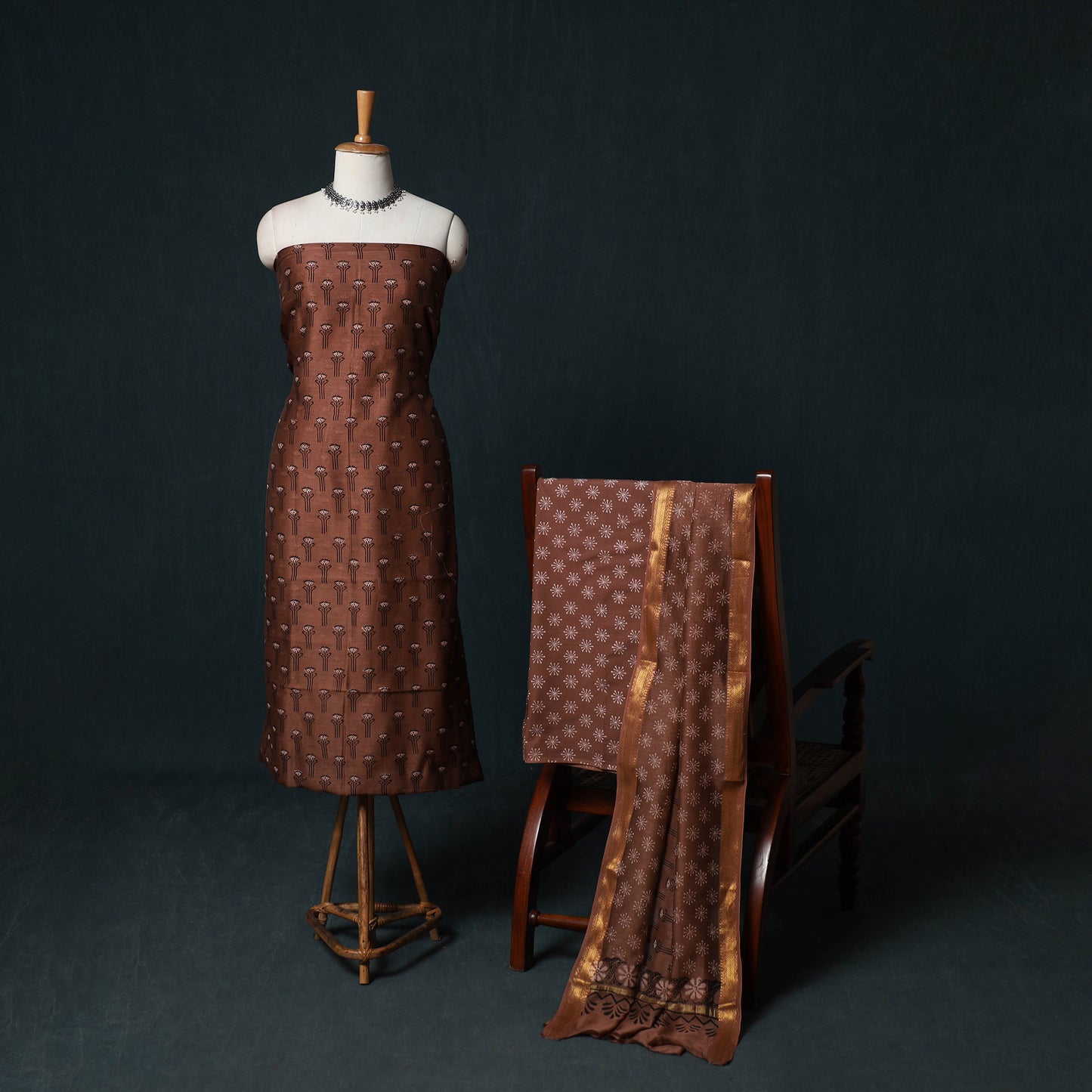 Bagru Hand Block Print Maheshwari Silk 3pc Unstitched Dress Material Suit Set 07