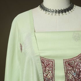 Green - Sozni Hand Embroidery Pure Silk 3pc Unstitched Dress Material Suit Set 31