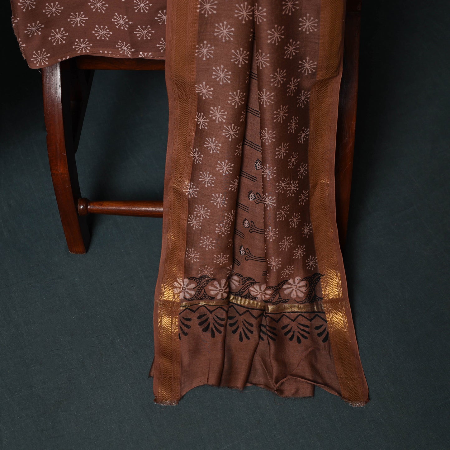 Bagru Hand Block Print Maheshwari Silk 3pc Unstitched Dress Material Suit Set 07