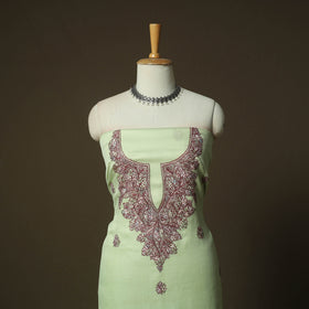 Green - Sozni Hand Embroidery Pure Silk 3pc Unstitched Dress Material Suit Set 31