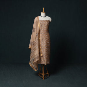 Brown - Sanganeri Hand Block Print Maheshwari Silk 3pc Unstitched Dress Material Suit Set 09