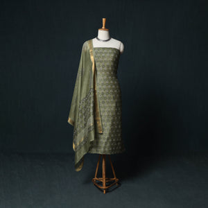 Green - Sanganeri Hand Block Print Maheshwari Silk 3pc Unstitched Dress Material Suit Set 10