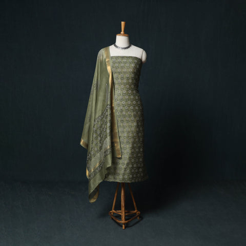 Sanganeri Hand Block Print Maheshwari Silk 3pc Unstitched Dress Material Suit Set 10