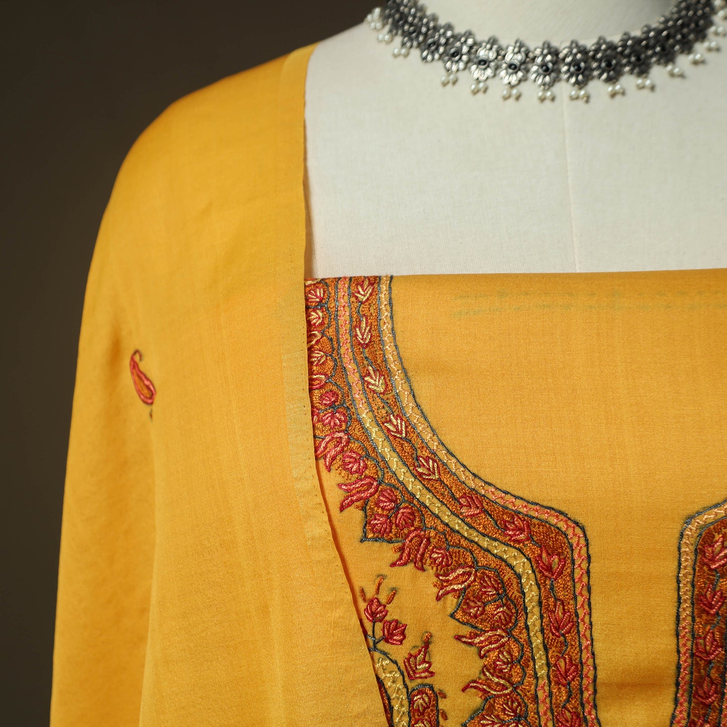 Yellow - Sozni Hand Embroidery Pure Silk 3pc Unstitched Dress Material Suit Set 28