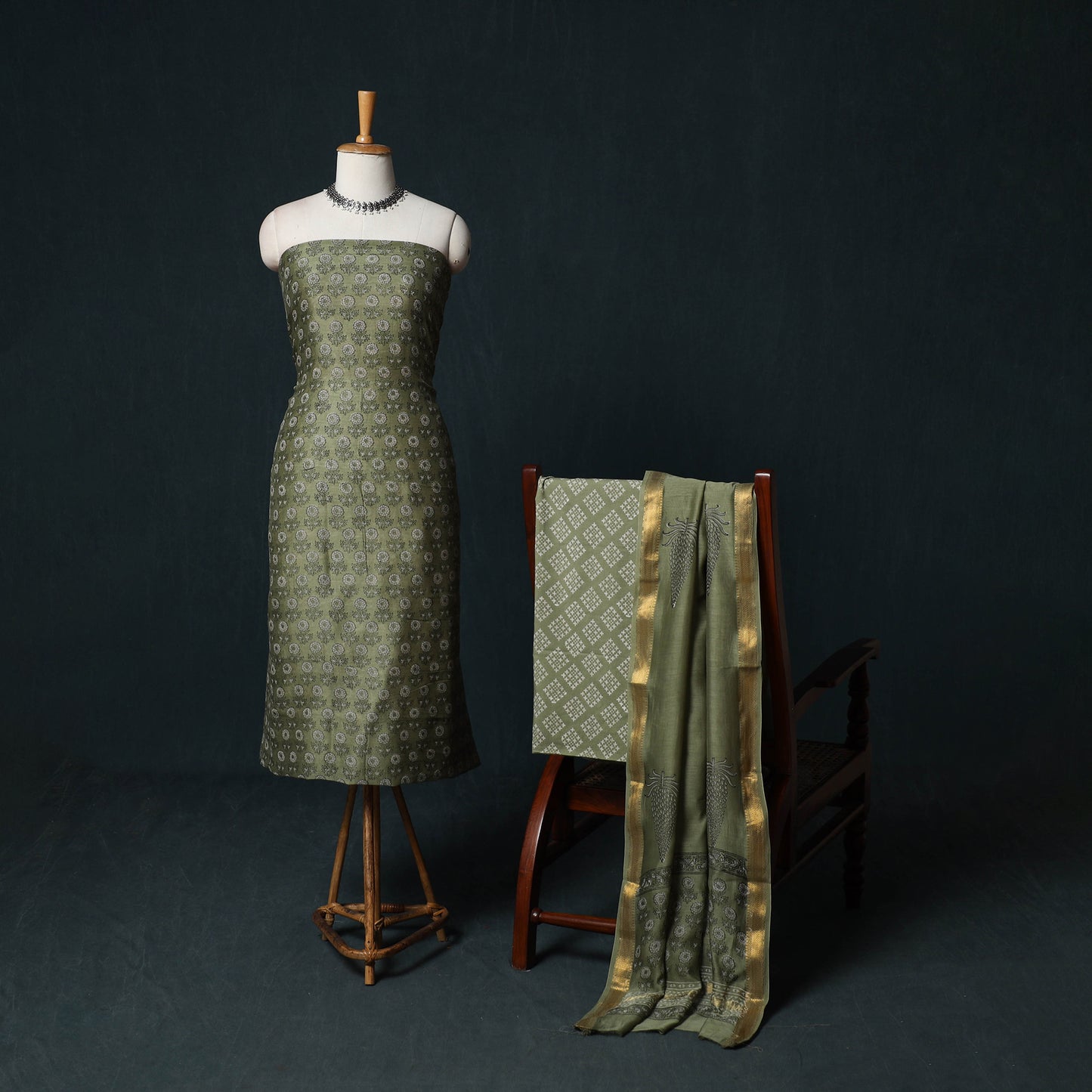 Sanganeri Hand Block Print Maheshwari Silk 3pc Unstitched Dress Material Suit Set 10