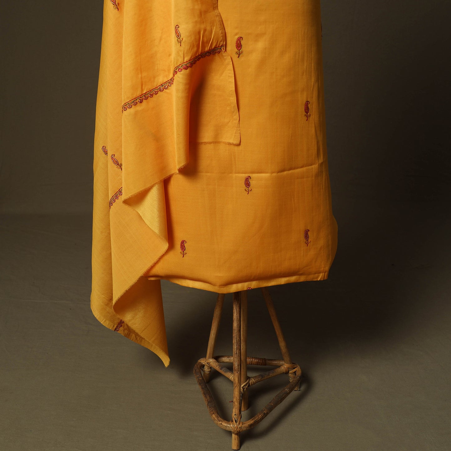 Yellow - Sozni Hand Embroidery Pure Silk 3pc Unstitched Dress Material Suit Set 28