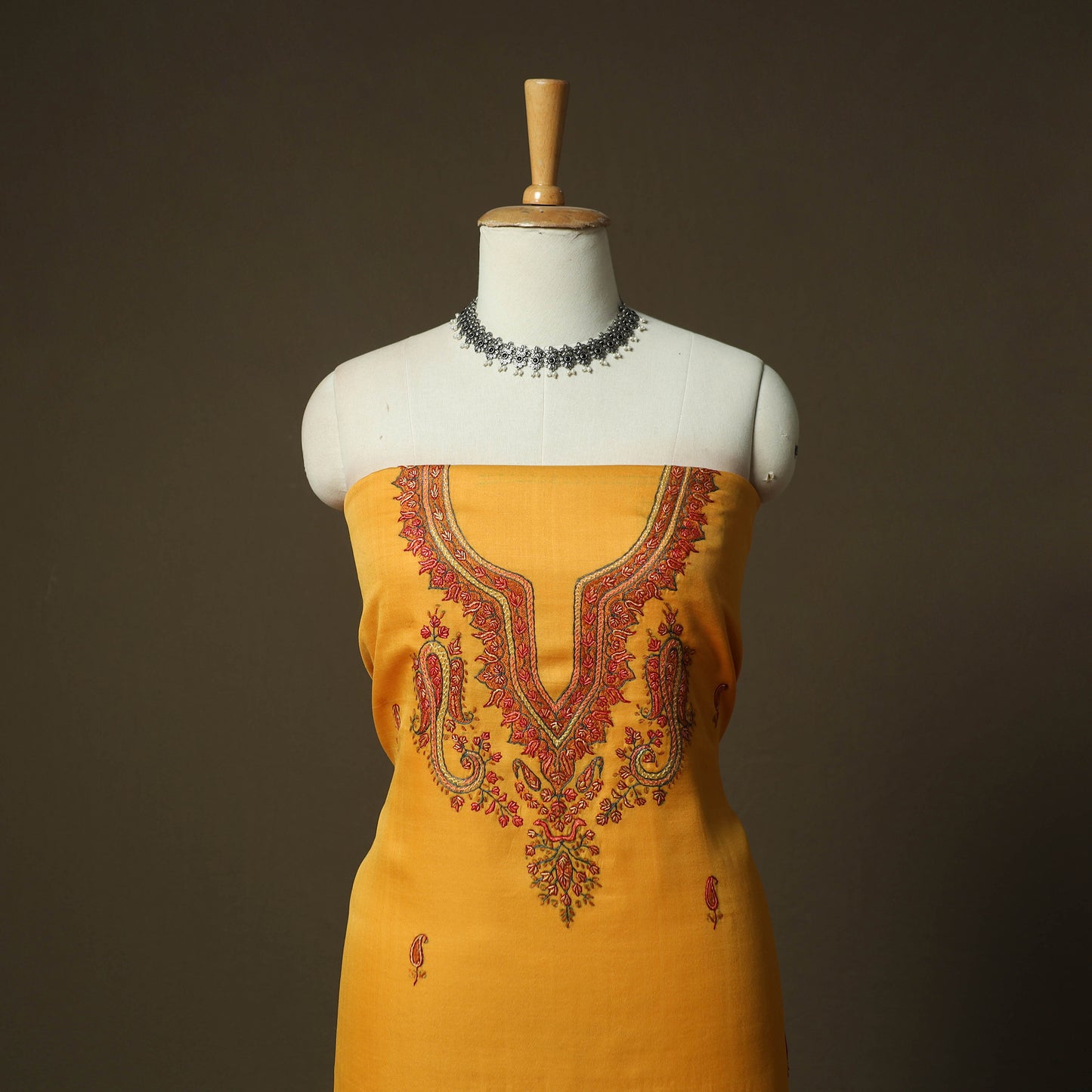 Yellow - Sozni Hand Embroidery Pure Silk 3pc Unstitched Dress Material Suit Set 28