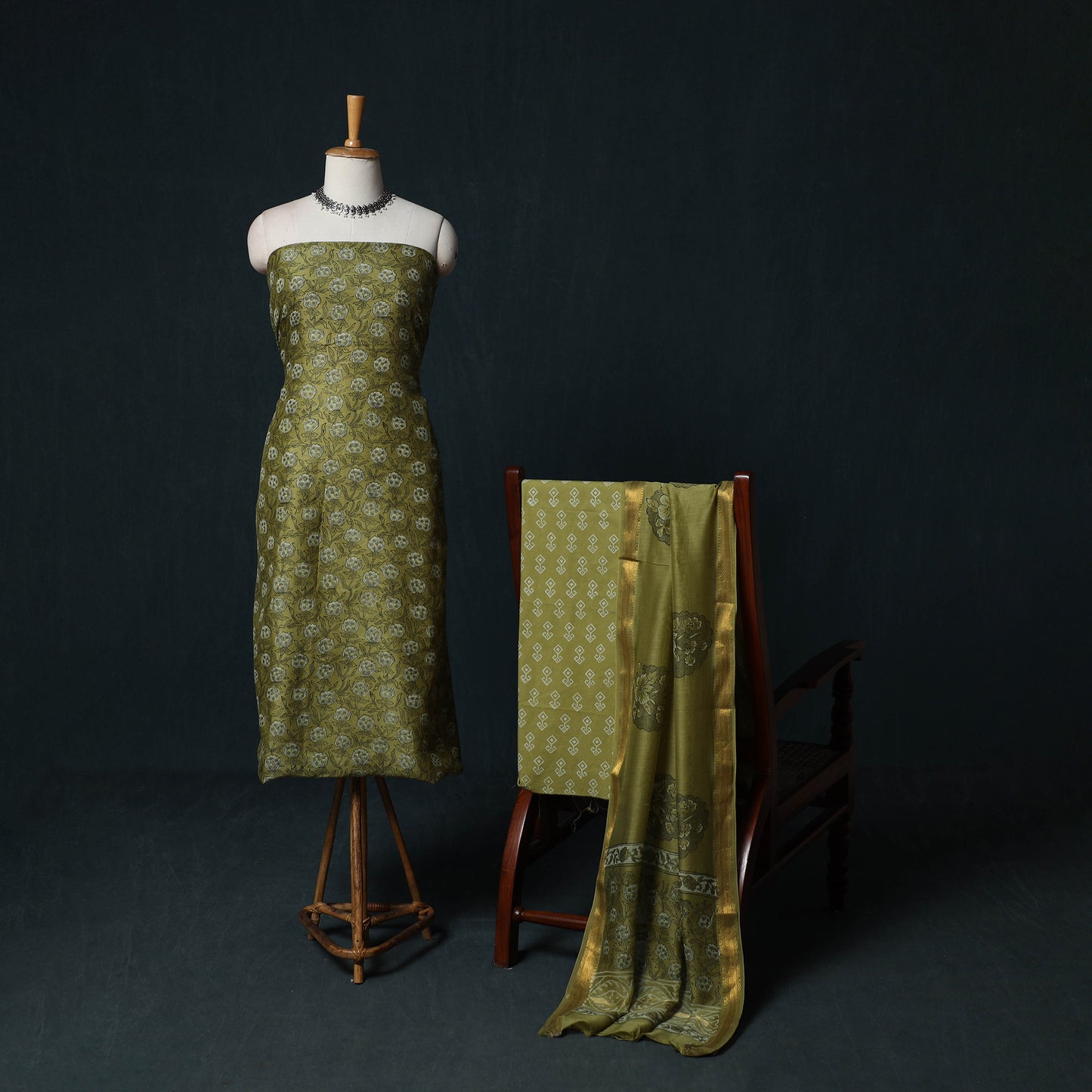Sanganeri Hand Block Print Maheshwari Silk 3pc Unstitched Dress Material Suit Set 11