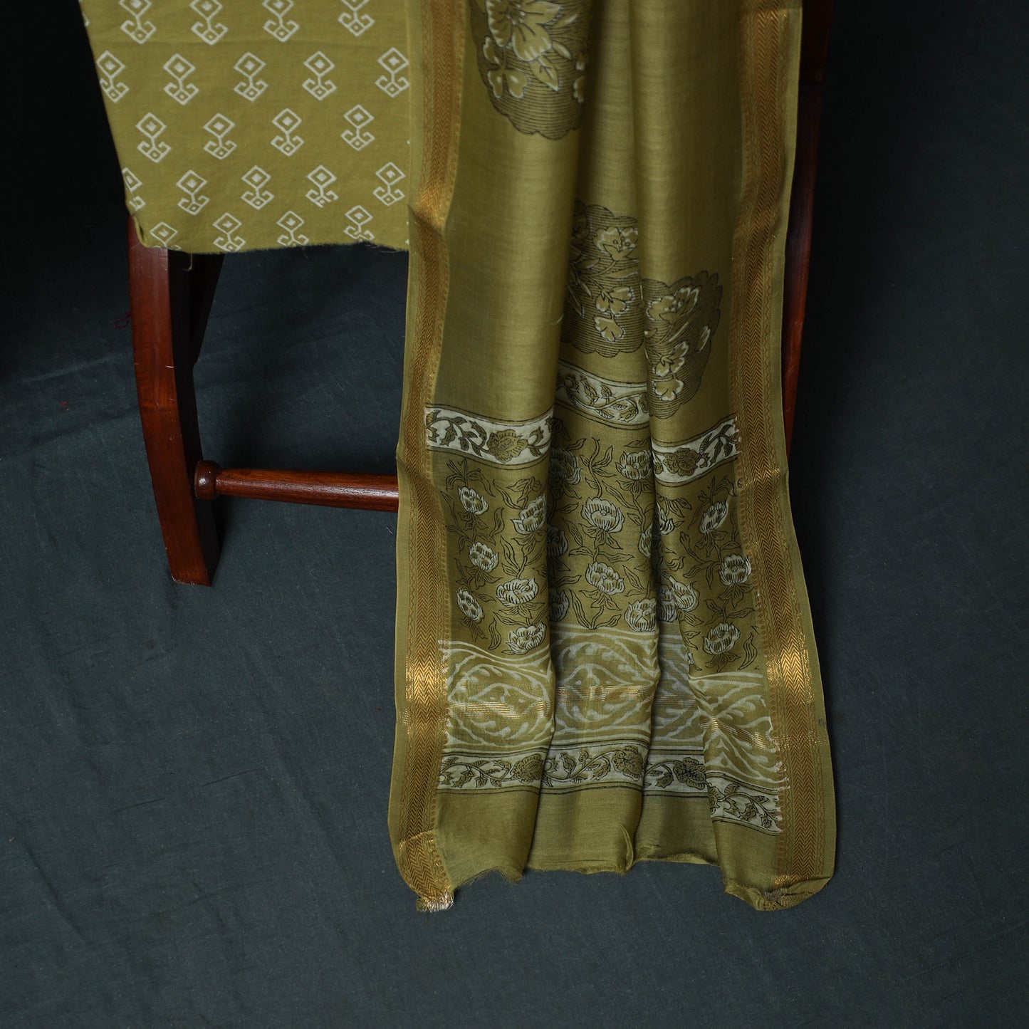 Sanganeri Hand Block Print Maheshwari Silk 3pc Unstitched Dress Material Suit Set 11