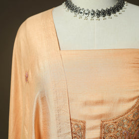 Peach - Sozni Hand Embroidery Pure Silk 3pc Unstitched Dress Material Suit Set 34