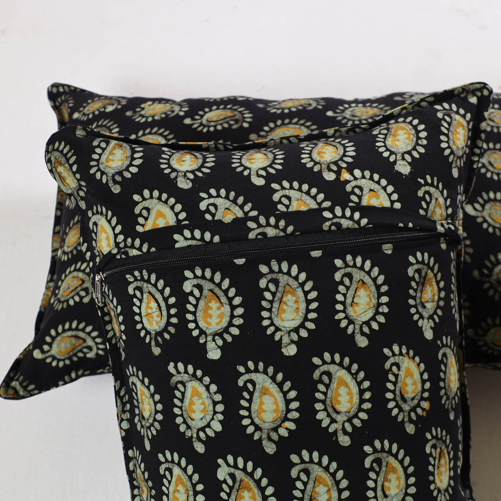 Black - Hand Batik Printed Cotton Pillow Cover (Set of 2) 24