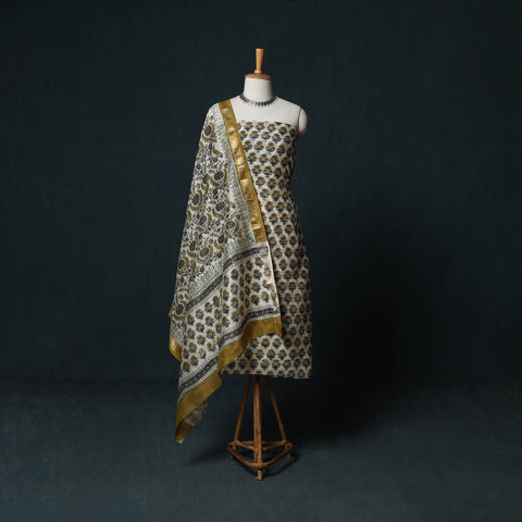 Sanganeri Hand Block Print Maheshwari Silk 3pc Unstitched Dress Material Suit Set 12