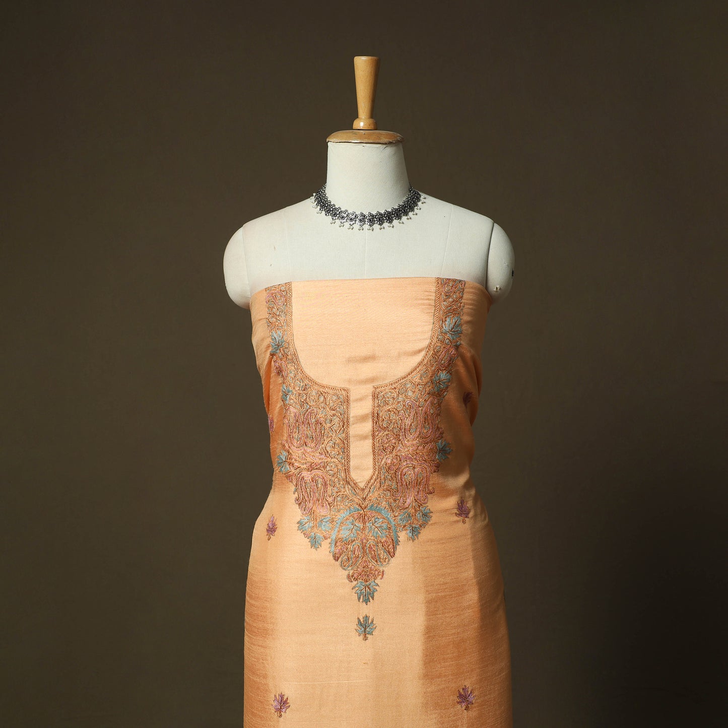 Peach - Sozni Hand Embroidery Pure Silk 3pc Unstitched Dress Material Suit Set 34